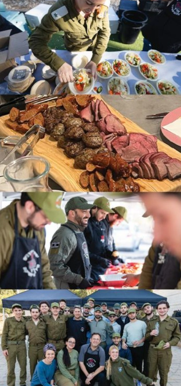 Collage of food preparation, a catered meal, and the army base catering team