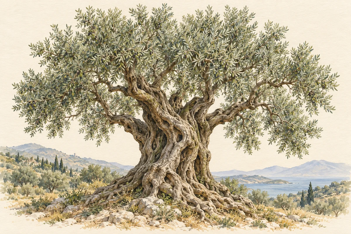 An ancient olive tree with a richly twisted trunk and silver-green branches