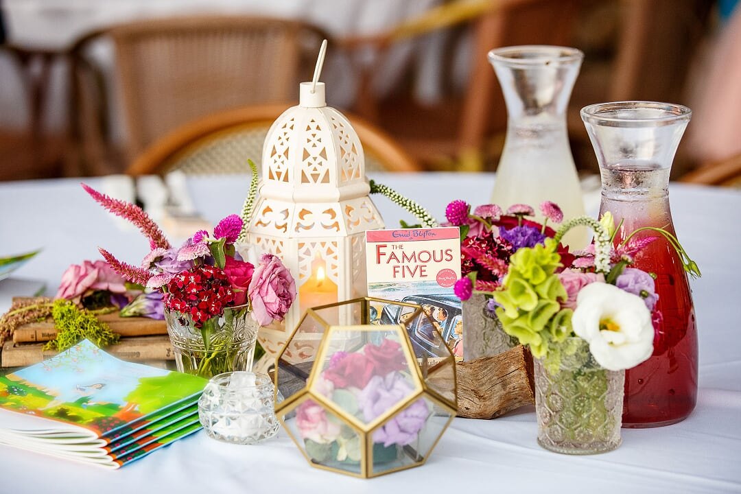 Colorful table decorations for a Bat Mitzvah