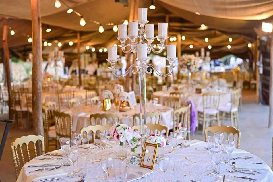Elegant wedding tables and candlelight