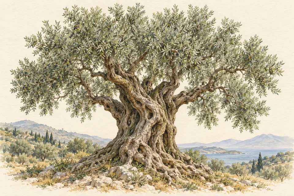 An ancient olive tree with a richly twisted trunk and silver-green branches